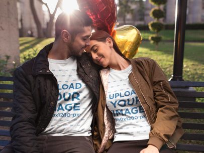 Mockup of a Romantic Couple Wearing T-Shirts on Valentine's Day