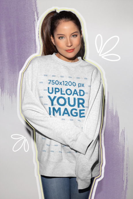 Mockup of a Woman Wearing a Sweatshirt Surrounded by Colorful Illustrations