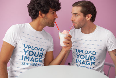 Valentine's Day T-Shirt Mockup of an LGBT Couple Drinking a Milkshake 25396