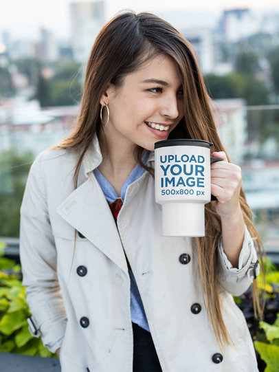 Travel Mug Mockup of a Smiling Woman Drinking Her Coffee