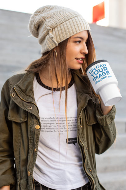 Travel Mug Mockup of a Woman Drinking Her Coffee