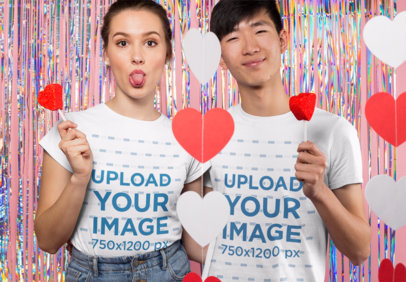 Valentine's T-Shirt Mockup Featuring a Happy Couple Eating Candy