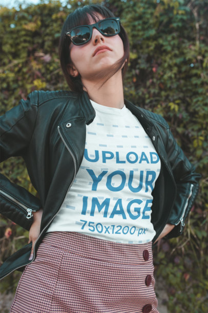 Tshirt Mockup of a Woman with Sunglasses Outside Her House