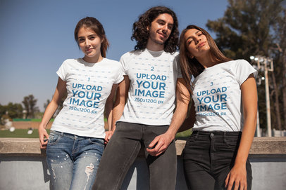 Mockup of Three Friends Wearing Tees Outdoors