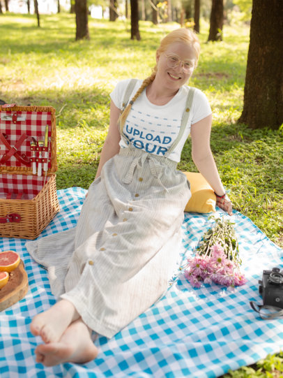 T-Shirt Mockup of a Woman Enjoying Her Picnic