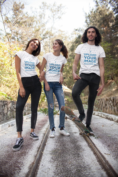 Round Neck Tee Mockup of Three Friends Standing by Rails Lines