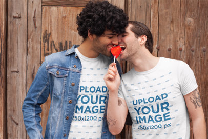 T-shirt Mockup of an LGBT Couple Eating a Popsicle on Valentine's Day