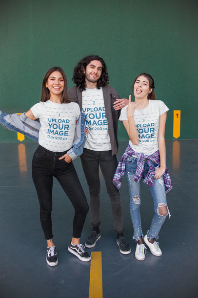 T-Shirt Mockup of Three Friends at a Sports Court