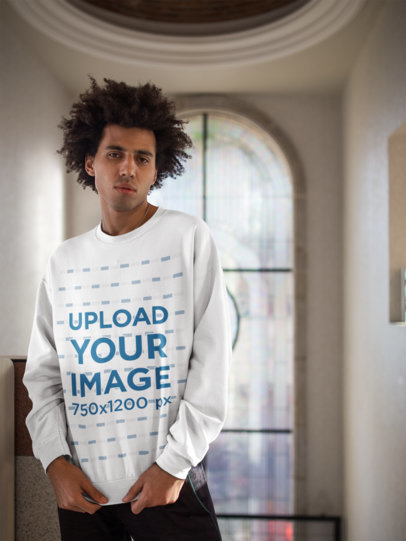 Sweater Mockup Featuring a Man with an Afro Indoors
