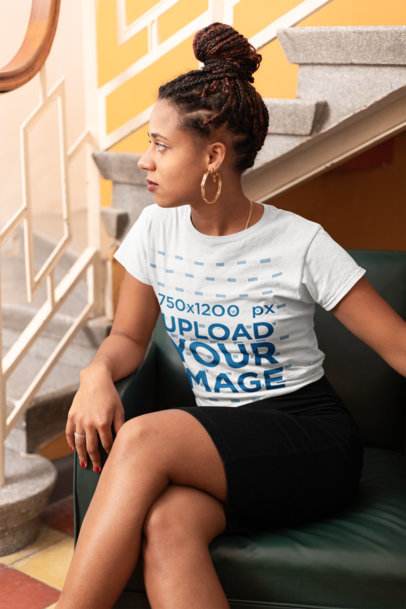 Tshirt Mockup of a Woman Sitting by a Stairway