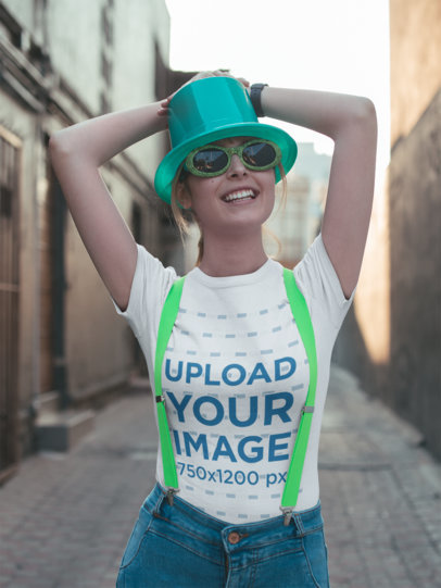 T-Shirt Mockup of a Smiling Woman Celebrating St. Patrick's with Green Glasses