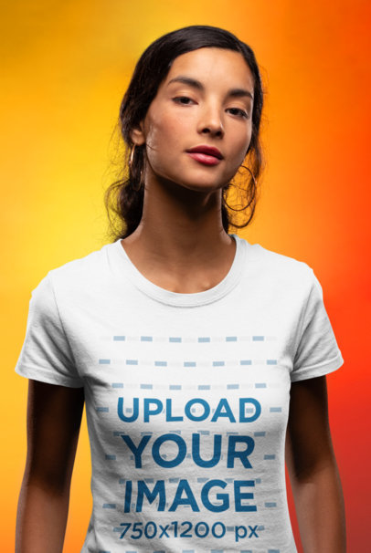 Mockup of a Serious Woman Wearing a T-Shirt and Hoop Earrings