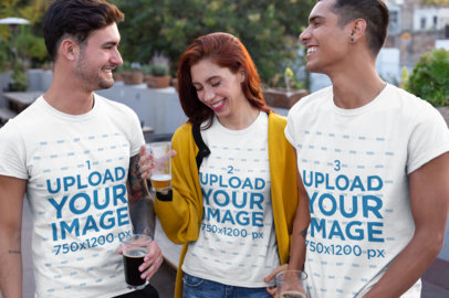 T-Shirt Mockup of a Group of Friends Drinking and Laughing 