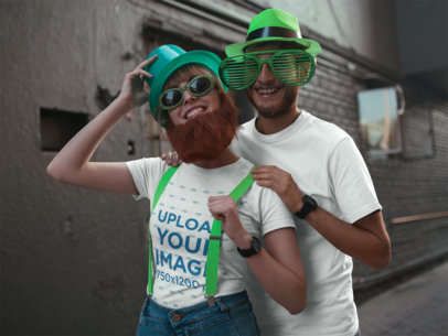 Tee Mockup of Two Friends Celebrating St Patric's in Costumes 