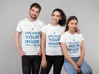 T-Shirt Mockup Featuring Three People in a Studio
