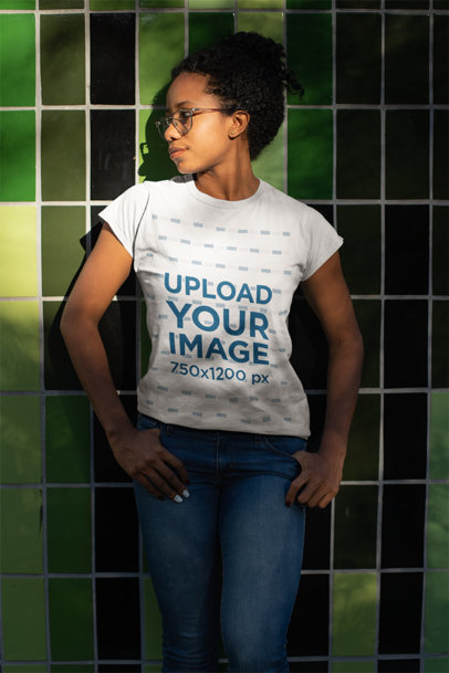 Mockup of a Young Woman Wearing a T-Shirt and Glasses