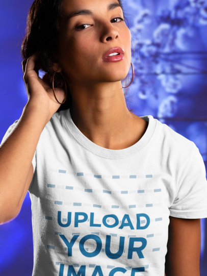Round Neck Tee Mockup of a Woman Touching her Hair