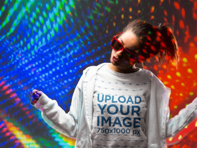 Crewneck Sweater Mockup of a Woman Against a Wall with Laser Lights 18745