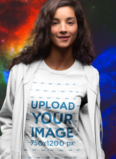 T-Shirt Mockup of a Woman Against an Outer Space Background