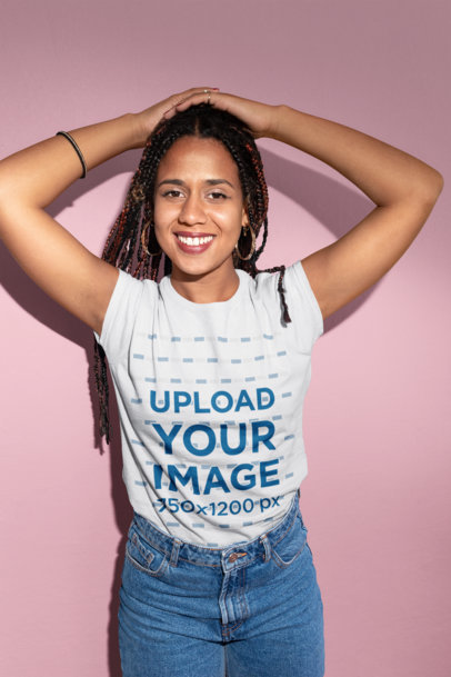 Round Neck Tee Mockup of a Woman with Braids in a Photo Studio
