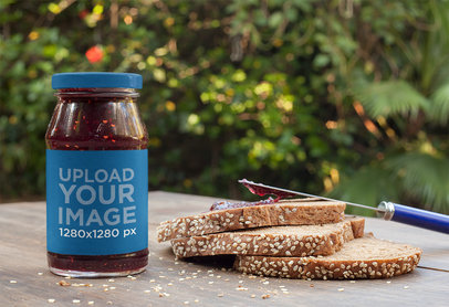 Jar of Marmalade Label Mockup with Fresh Bread