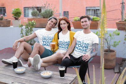 Round Neck Tee Mockup of a Group of Three Friends Drinking Beer on a Terrace 25259