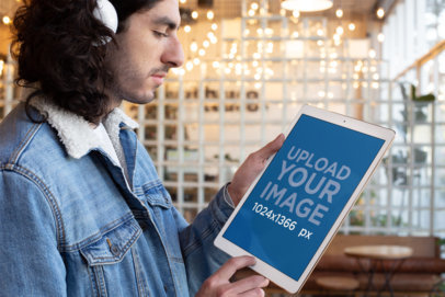 iPad Mockup of a Man Listening to a Podcast at an Office