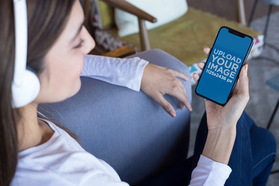 iPhone 11 Pro Mockup Featuring a Woman Listening to a Cool Podcast
