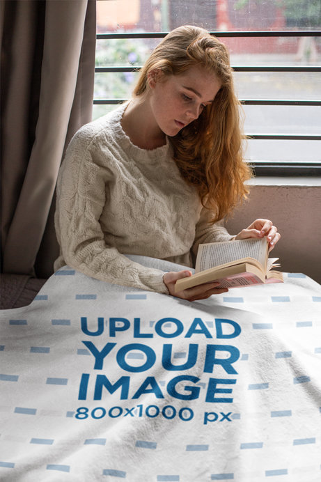 Fleece Blanket Mockup Featuring a Cozy Woman Reading a Book