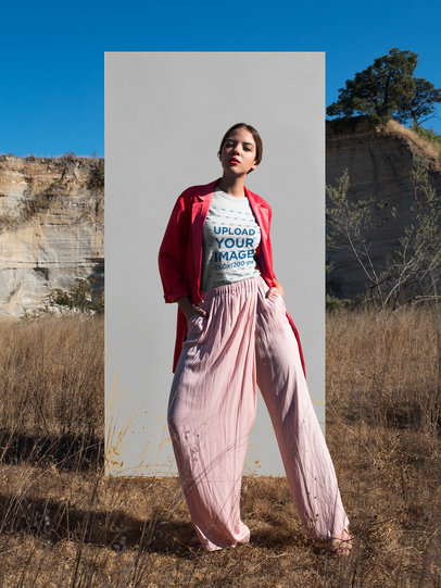 T-Shirt Mockup Featuring a Chic Woman Outdoors