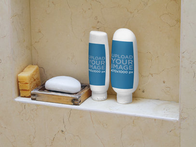 Label Mockup of a Plastic Conditioner and Shampoo Bottles in a Shower