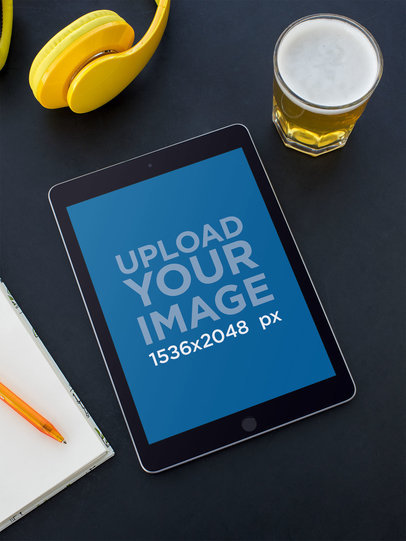 iPad Mockup for Podcasts Featuring a Relaxing Co-Working Space