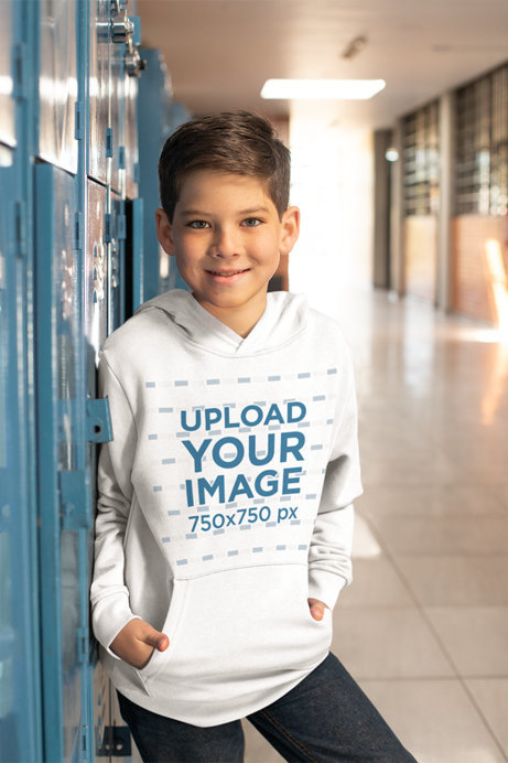 Back to School Hoodie Mockup of a Boy Standing by his Locker