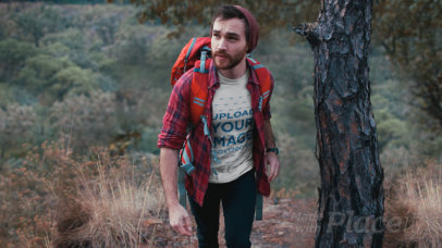 Camping T-Shirt Video Mockup of a Relaxed Hiker with Parallax Effect  