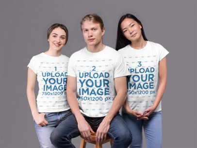 Round Neck T-Shirt Mockup of Three Friends at a Photo Studio
