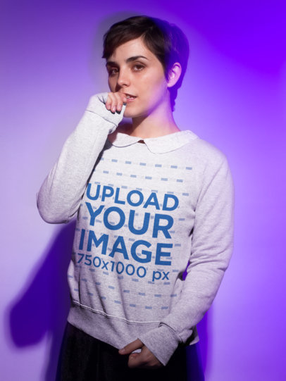 Sweatshirt Mockup of a Short Haired Woman in Purple Light 