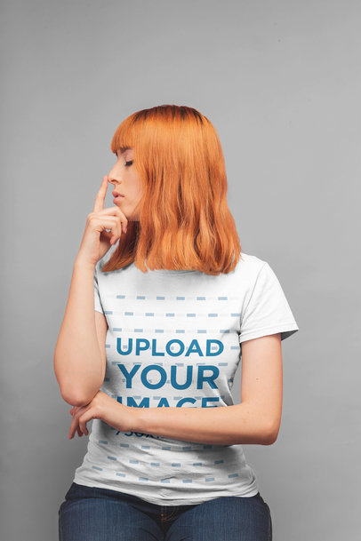 Round Neck Tee Mockup of a Redhead Girl Touching Her Nose 20842