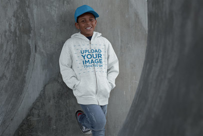 Mockup of a Kid Wearing a Heathered Full-Zip Hoodie in a Tunnel