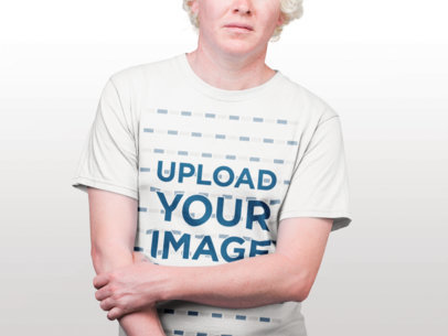 Mockup of a Man Wearing a Round Neck Tee Against a White Background