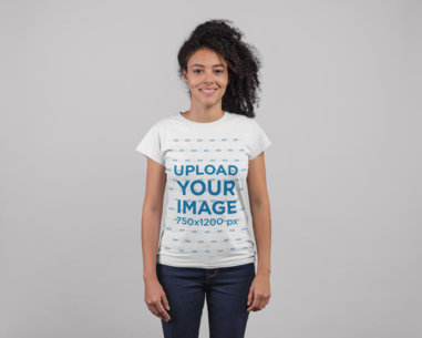 T-Shirt Mockup of a Curly Haired Woman Smiling 