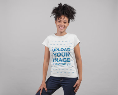 Tee Mockup Featuring a Smiling Woman with a Kinky Ponytail 