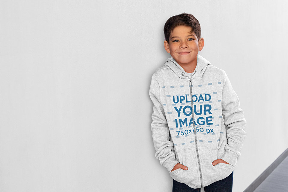 Full-Zip Hoodie Mockup of a Happy Boy at School