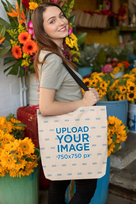 Tote Bag Mockup of a Woman at a Flower Shop 