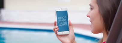 iPhone Mockup Featuring a Young Woman by The Pool
