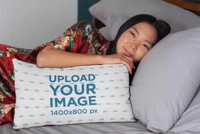 Mockup of a Throw Pillow with a Woman Smirking on a Bed 25921