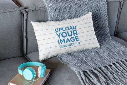 Pillow Mockup on a Couch with a Book and Headphones 25912