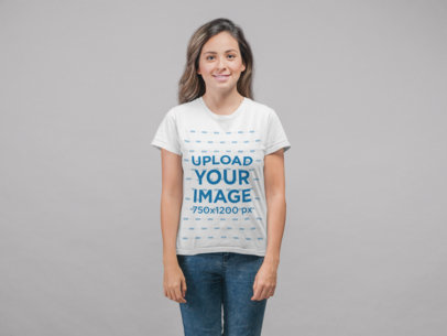 T-Shirt Mockup of a Smiling Woman at a Studio