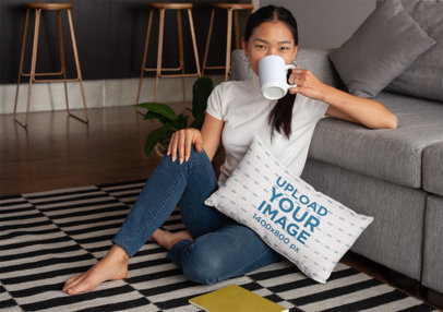 Pillow Mockup Featuring a Woman Drinking Coffee at Home