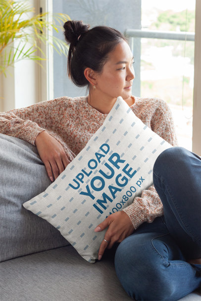 Pillow Mockup of a Woman Looking Through the Window