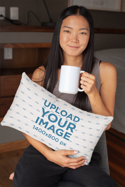 Throw Pillow Mockup of a Woman Holding a Coffee Mug
